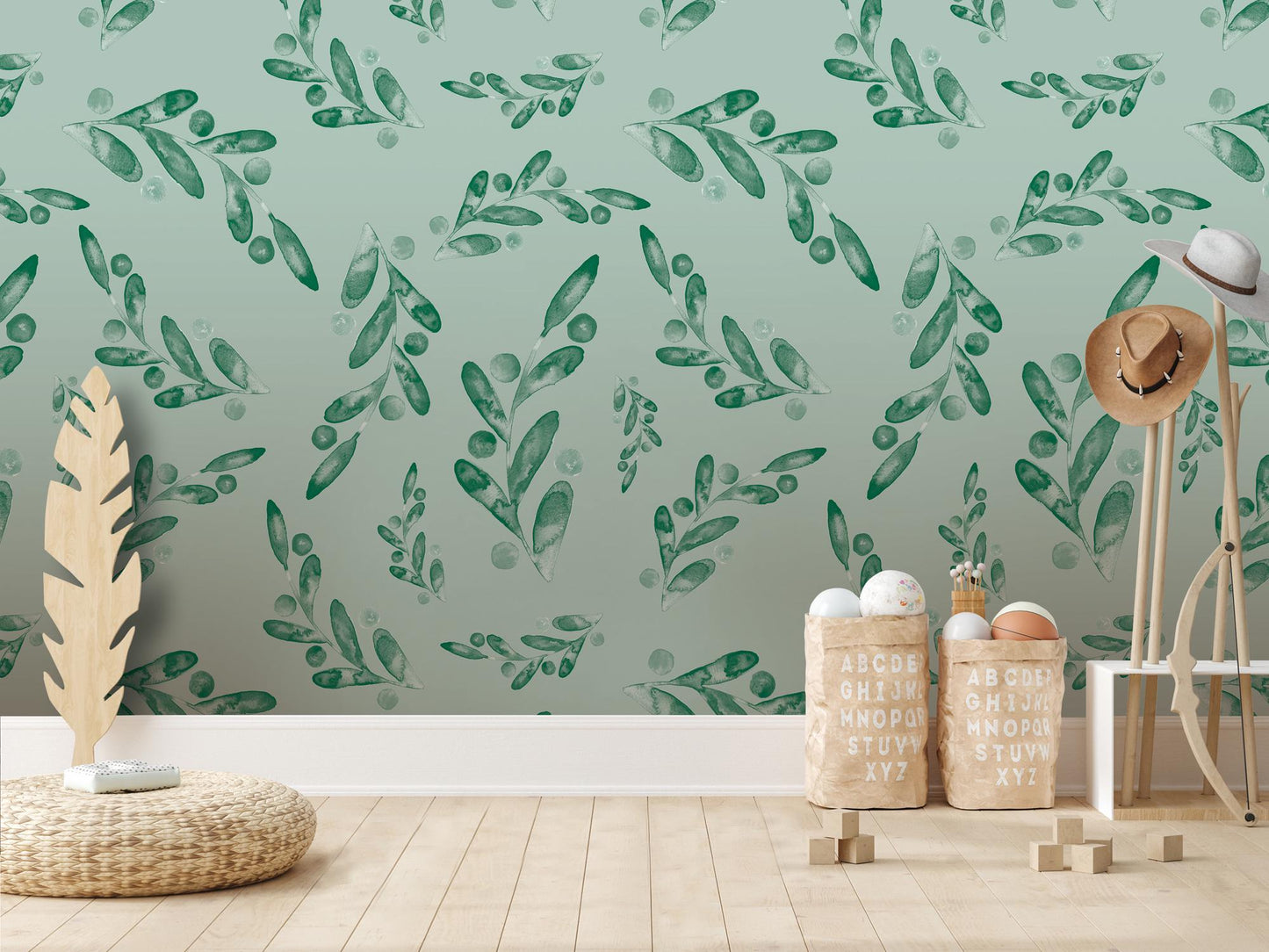 Green Sage Watercolor Dancing Leaves Removable Wallpaper, Wall Art, Peel and Stick Wallpaper, Wall Decor, Accent Wall, Modern Decor, MW2009