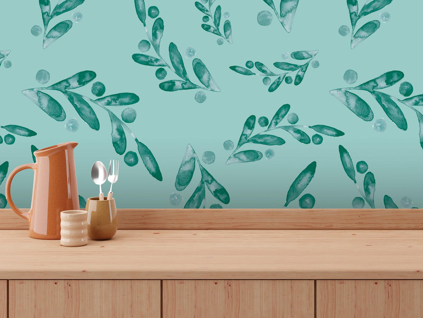 Green Turquoise Watercolor Dancing Leaves Removable Wallpaper, Wall Art, Peel and Stick Wallpaper, Wall Decor, Accent Wall, Modern, MW2010