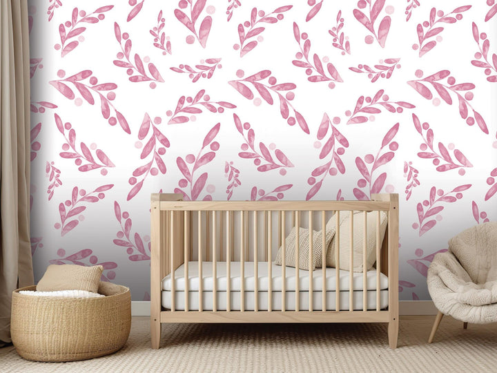 Pink Watercolor Dancing Leaves Removable Wallpaper, Wall Art, Peel and Stick Wallpaper, Wall Decor, Accent Wall, Modern Decor, MW2007