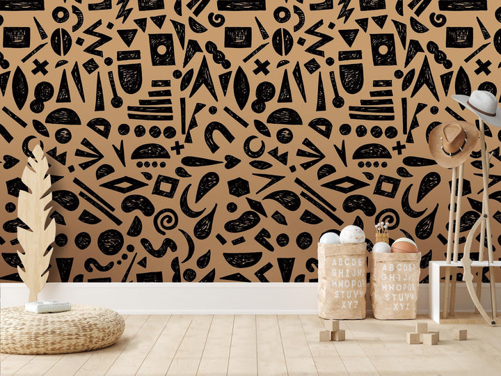 Doodle Graffiti Black Tan Removable Wallpaper, Wall Art, Peel and Stick Wallpaper, Wall Decor, Accent Wall, Gaming Room, Kids Room, MW2158