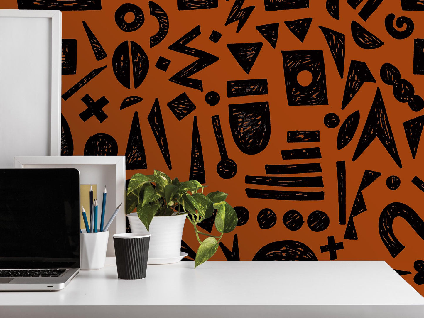 Doodle Graffiti Black Orange Removable Wallpaper, Wall Art, Peel and Stick Wallpaper, Wall Decor, Accent Wall, Game Room, Kids Room, MW2152