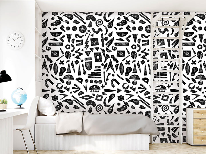 Doodle Graffiti Black White Removable Wallpaper, Wall Art, Peel and Stick Wallpaper, Wall Decor, Accent Wall, Gaming Room, Kids Room, MW2149