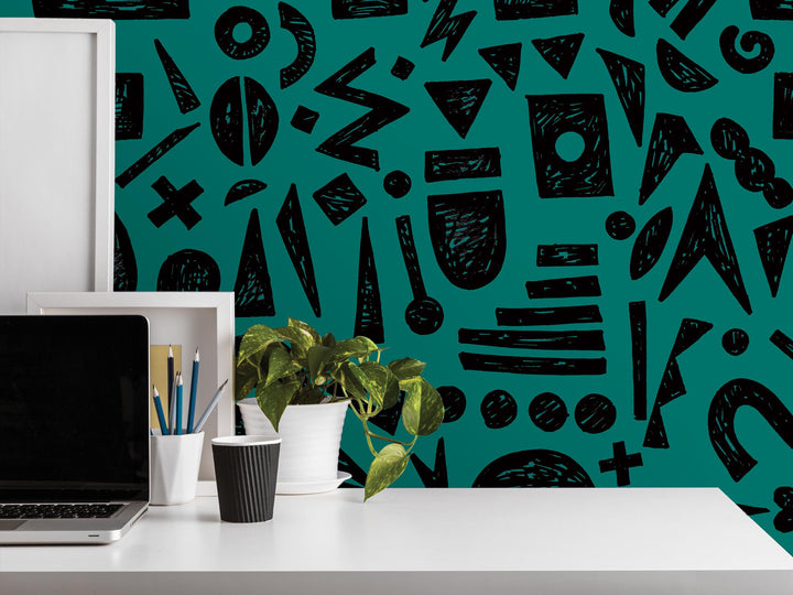 Doodle Graffiti Black Teal Removable Wallpaper, Wall Art, Peel and Stick Wallpaper, Wall Decor, Accent Wall, Gaming Room, Kids Room, MW2154