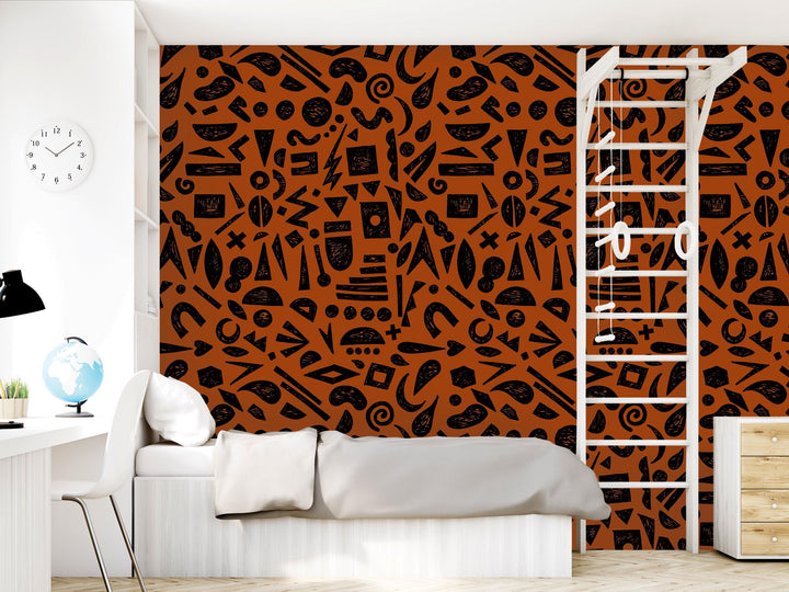 Doodle Graffiti Black Orange Removable Wallpaper, Wall Art, Peel and Stick Wallpaper, Wall Decor, Accent Wall, Game Room, Kids Room, MW2152