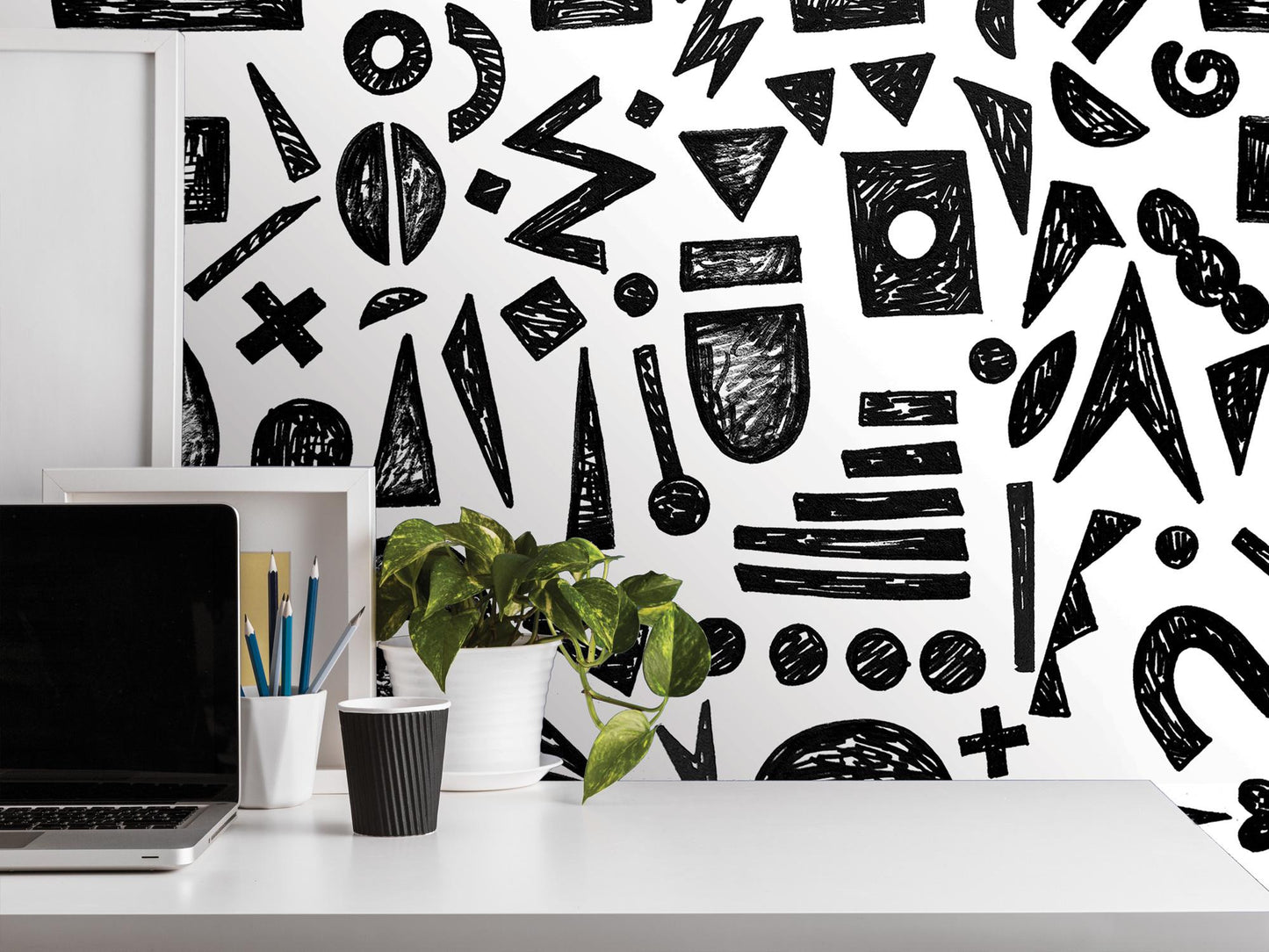 Doodle Graffiti Black White Removable Wallpaper, Wall Art, Peel and Stick Wallpaper, Wall Decor, Accent Wall, Gaming Room, Kids Room, MW2149