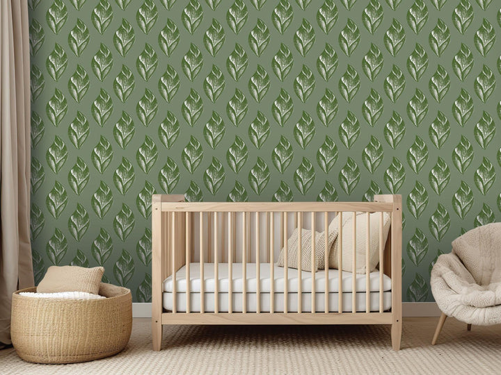 Weathered Olive Artsy Leaves Removable Wallpaper, Wall Art, Peel and Stick Wallpaper, Wall Decor, Accent Wall, Bathroom Decor, MW2088