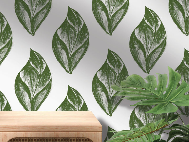 Olive Artsy Charcoal Leaves Removable Wallpaper, Wall Art, Peel and Stick Wallpaper, Wall Decor, Accent Wall, Dining Decor, Bedroom, MW2087