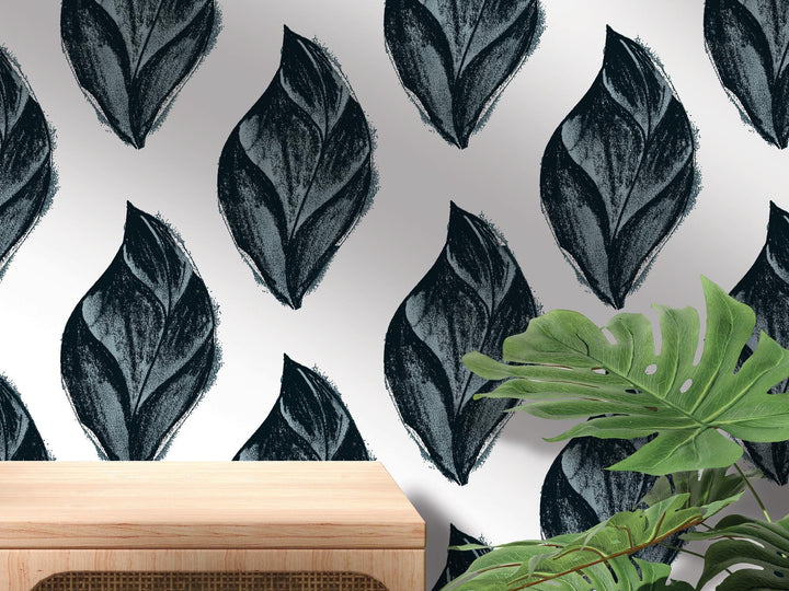 Midnight Blue Artsy Charcoal Leaves Removable Wallpaper, Wall Art, Peel and Stick Wallpaper, Wall Decor, Accent Wall, Office Decor, MW2091