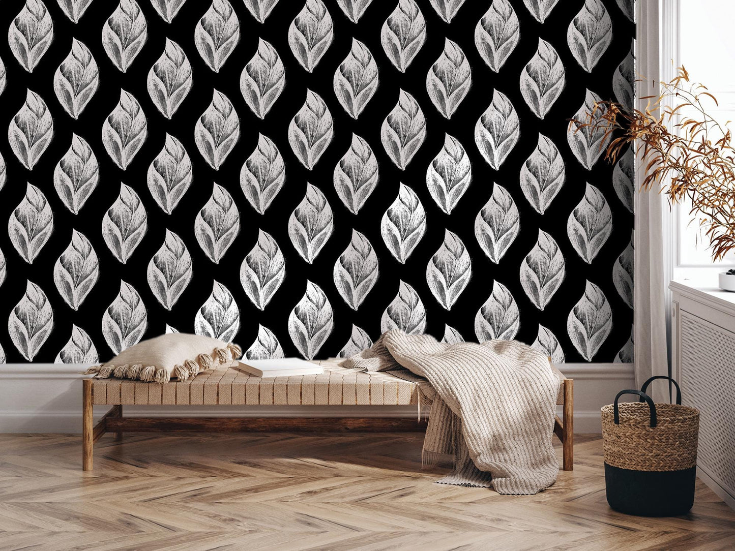 White Artsy Charcoal Leaves Removable Wallpaper, Wall Art, Peel and Stick Wallpaper, Wall Decor, Accent Wall, Restaurant Decor, MW2080