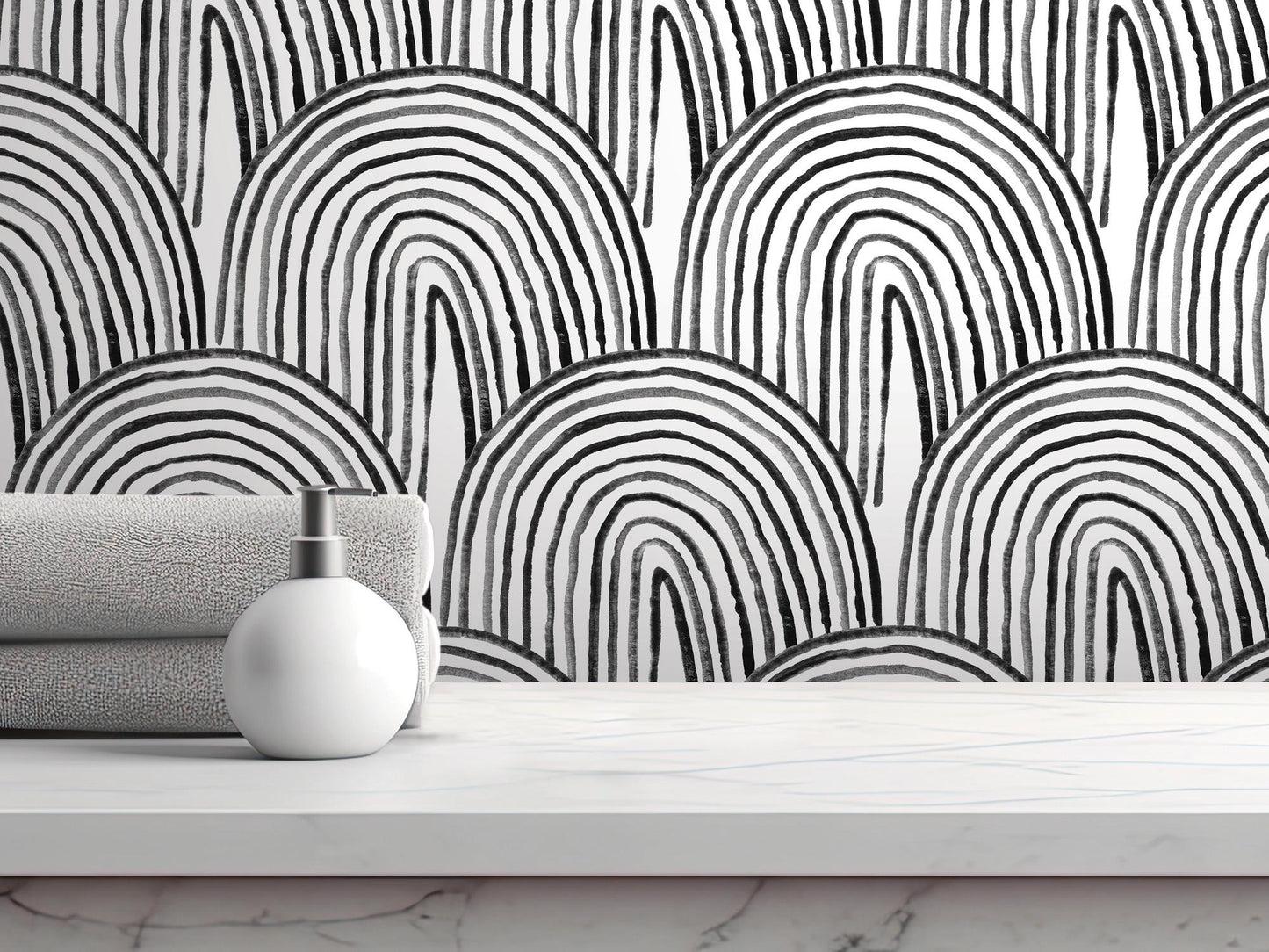 Black White Boho Watercolor Rainbow Removable Wallpaper, Wall Art, Peel and Stick Wallpaper, Wall Decor, Accent Wall, MW2105