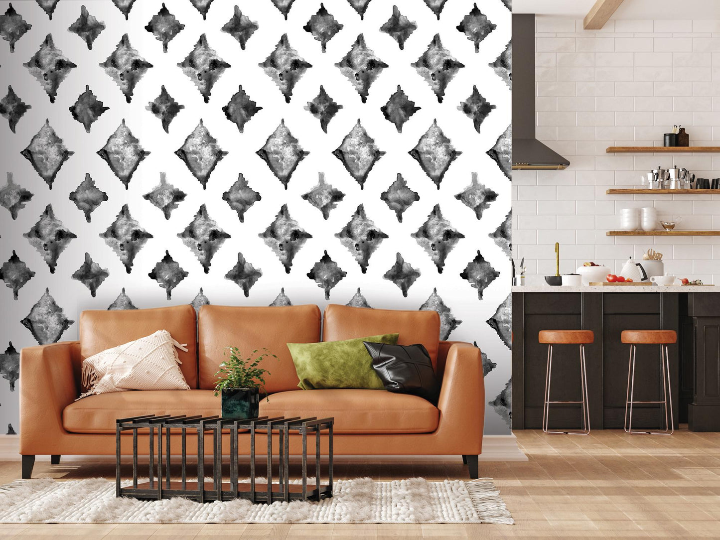 Black White Watercolor Ikat 1 Removable Wallpaper, Wall Art, Peel and Stick Wallpaper, Wall Decor, Accent Wall, Original Wallpaper, MW2145