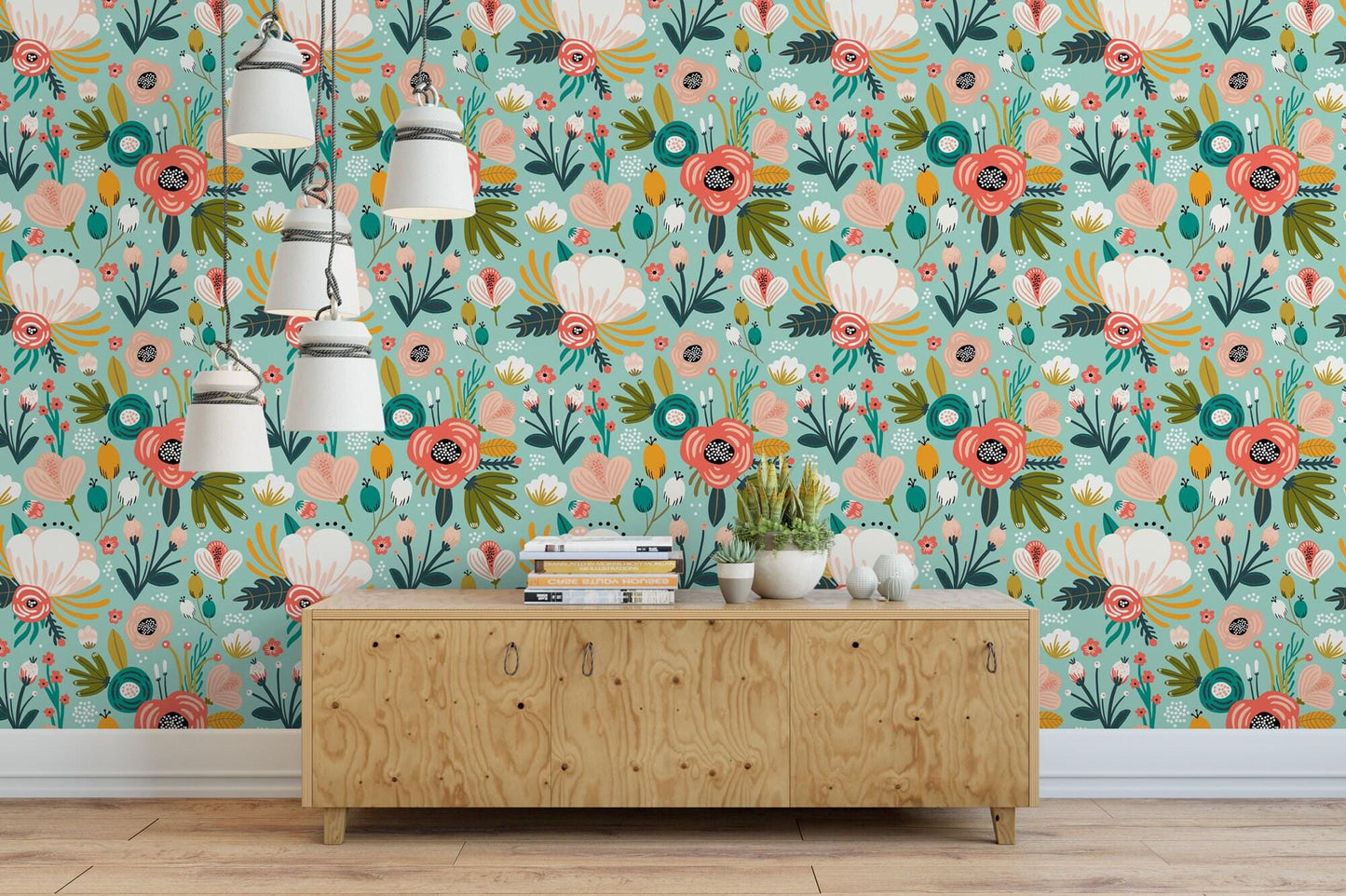 Large Peach and Teal Floral Wallpaper MW1216sm