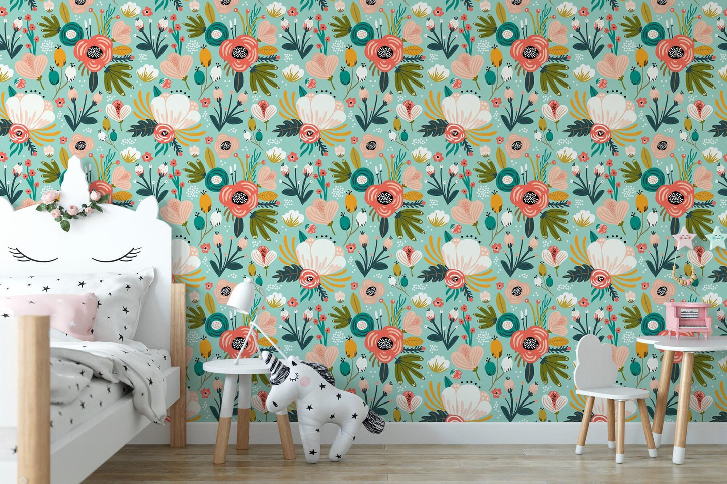 Large Peach and Teal Floral Wallpaper MW1216sm