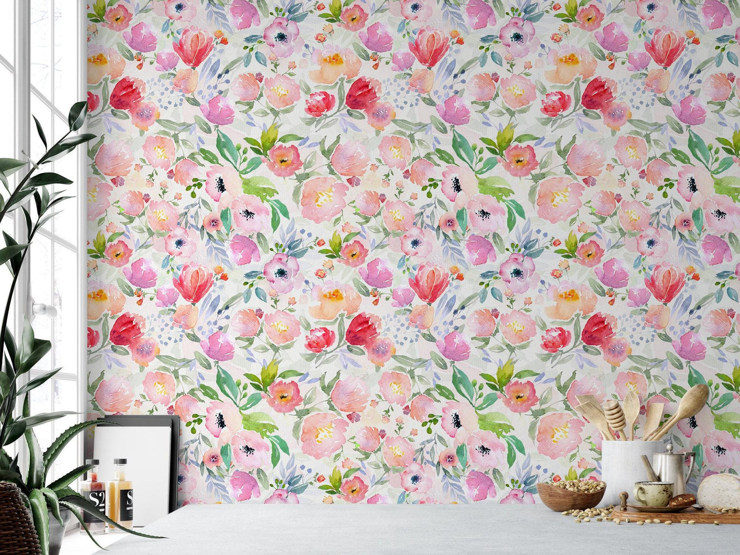 Blushing Watercolor Flower Blooms Wallpaper MW1037sm