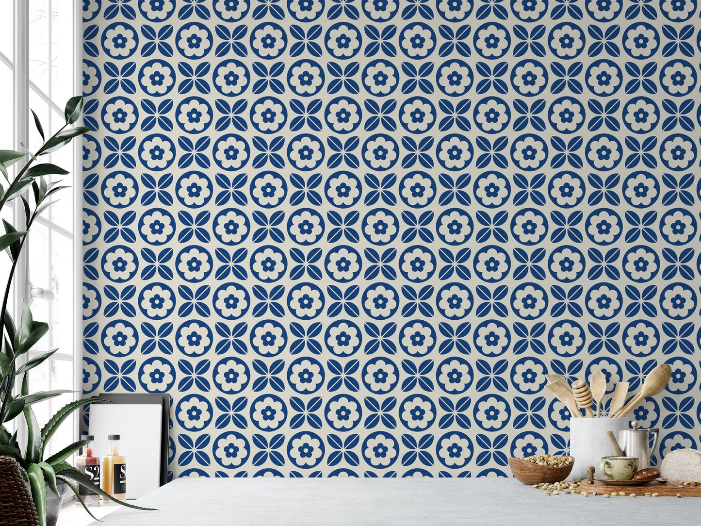 Navy Blue Folk Art Scandinavian Wallpaper MW1438sm