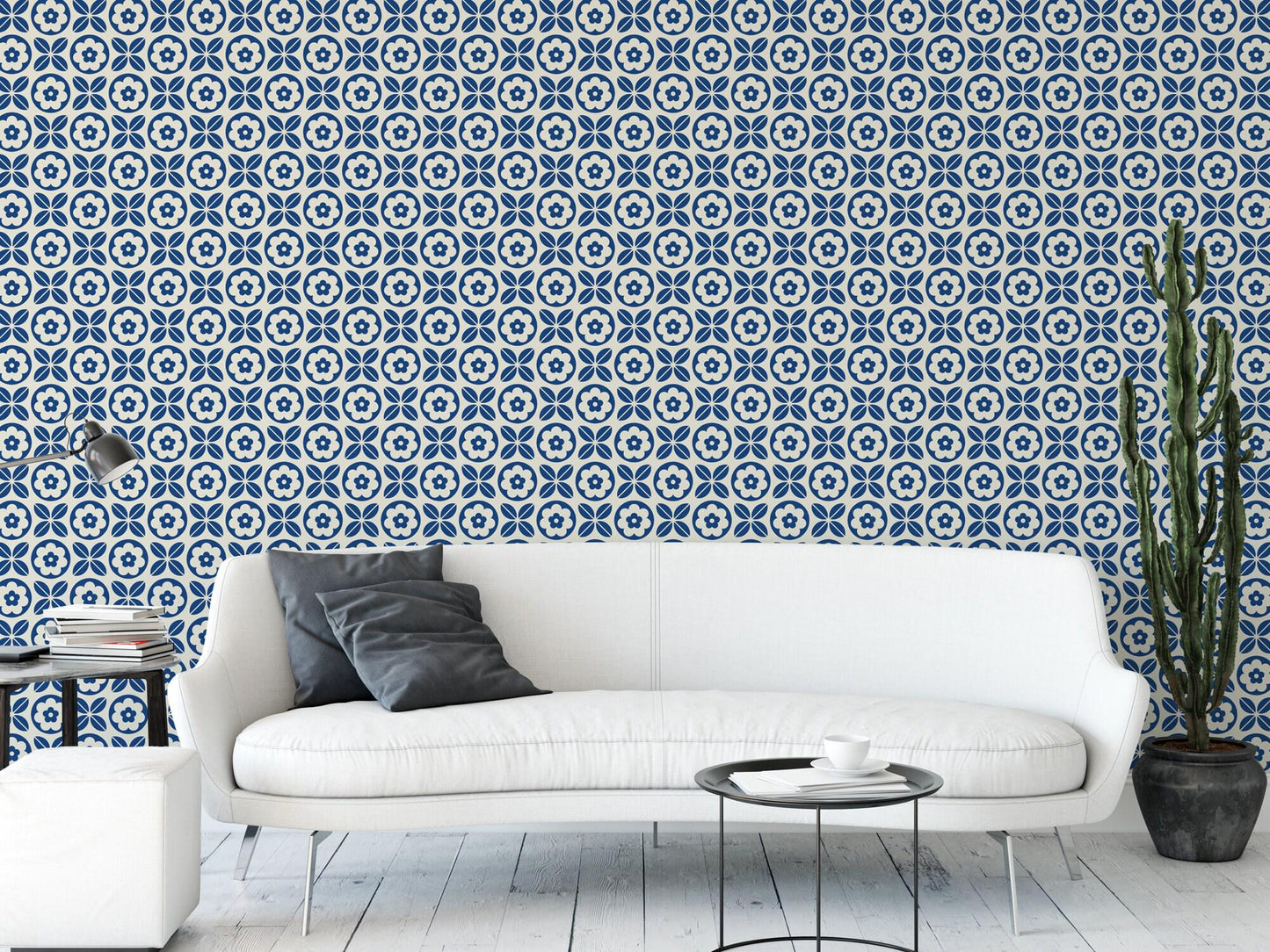 Navy Blue Folk Art Scandinavian Wallpaper MW1438sm