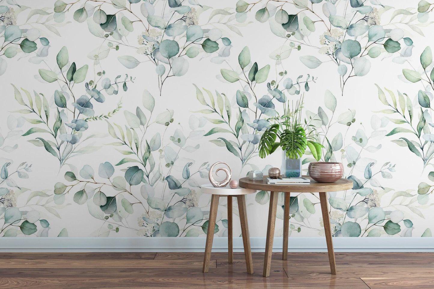 Green Leaves on White Wallpaper MW1461