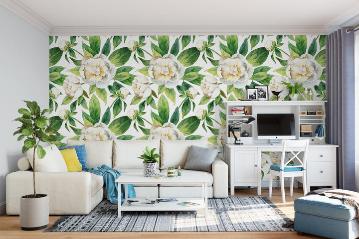 Peonies with Green Leaves Floral Wallpaper MW1332