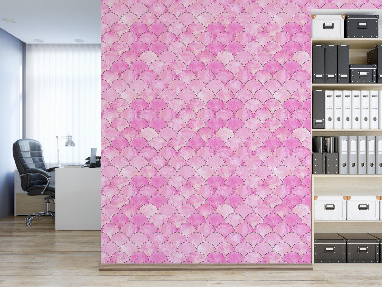 a room with a book shelf and a pink wallpaper