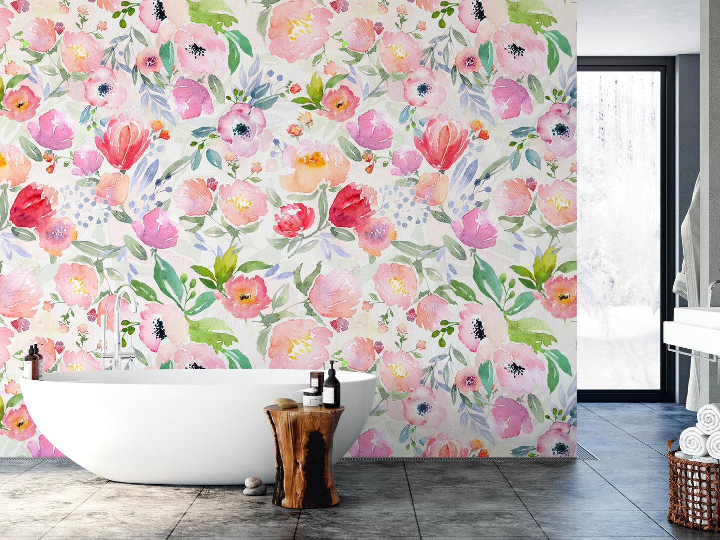 a bathroom with a floral wallpaper and a bathtub