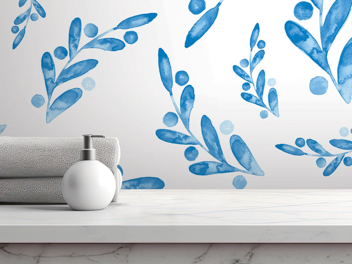 Blue Watercolor Dancing Leaves Removable Wallpaper, Wall Art, Peel and Stick Wallpaper, Wall Decor, Accent Wall, Modern Decor, MW2004