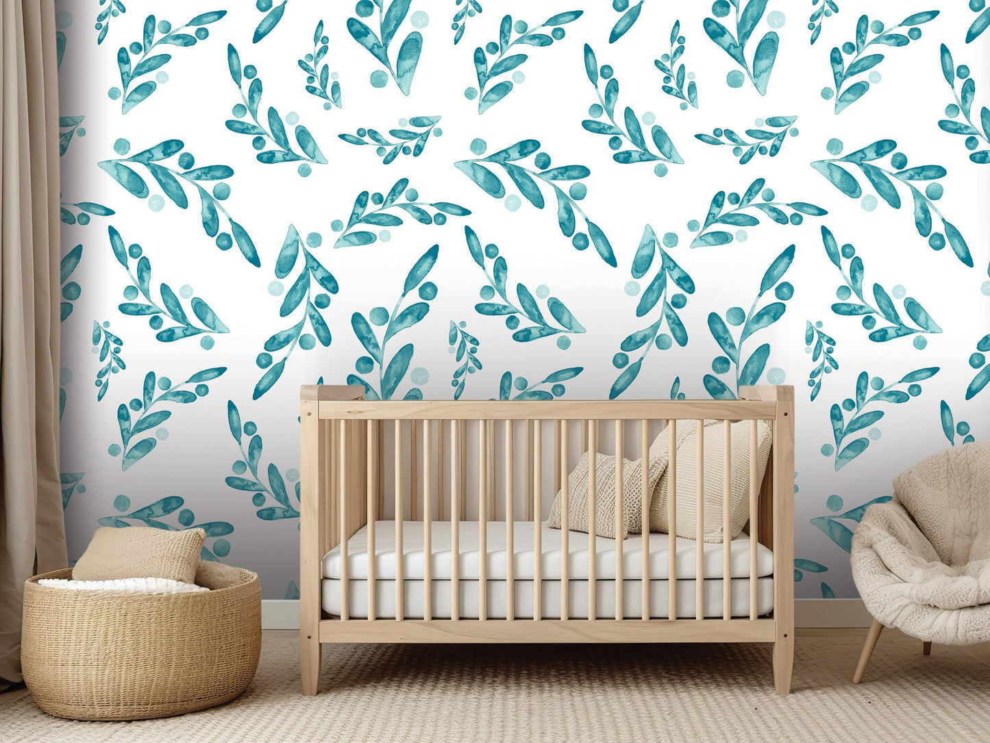 Teal Watercolor Dancing Leaves Removable Wallpaper, Wall Art, Peel and Stick Wallpaper, Wall Decor, Accent Wall, Modern Decor, MW2005