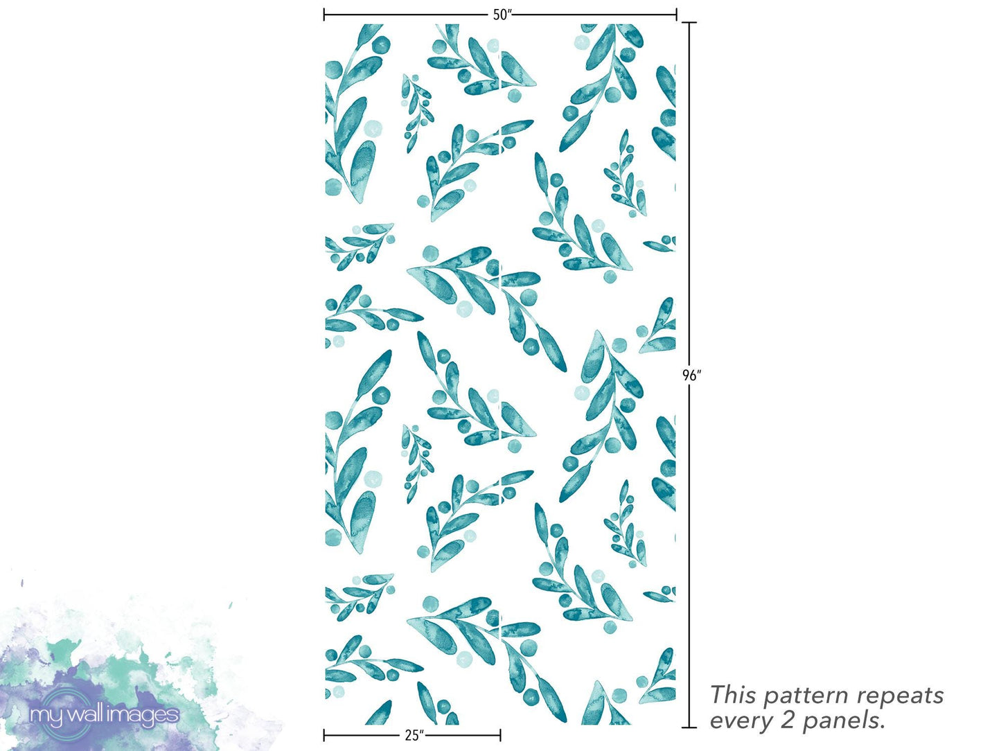 Teal Watercolor Dancing Leaves Removable Wallpaper, Wall Art, Peel and Stick Wallpaper, Wall Decor, Accent Wall, Modern Decor, MW2005