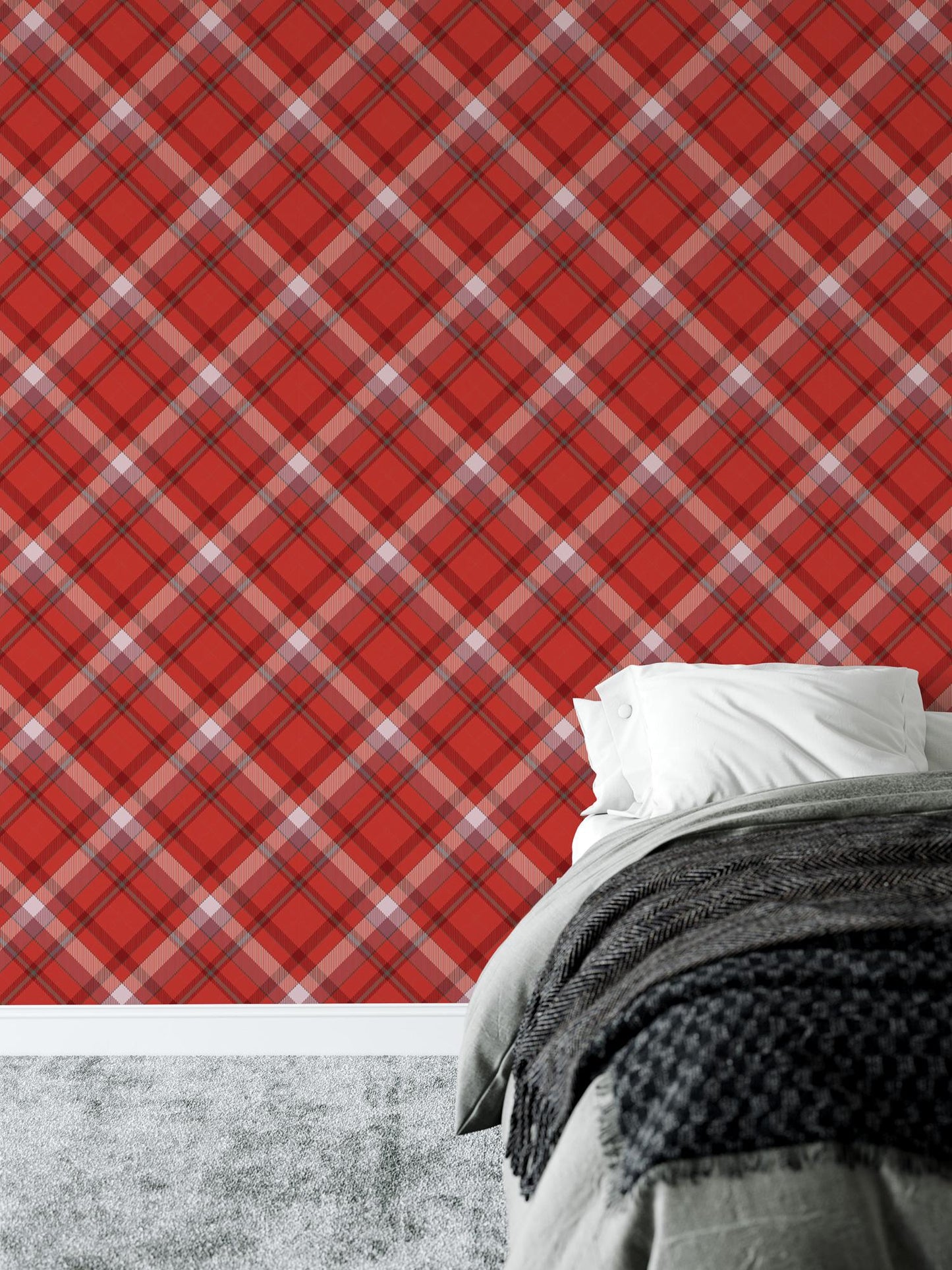 a bedroom with a red plaid wallpaper and a bed
