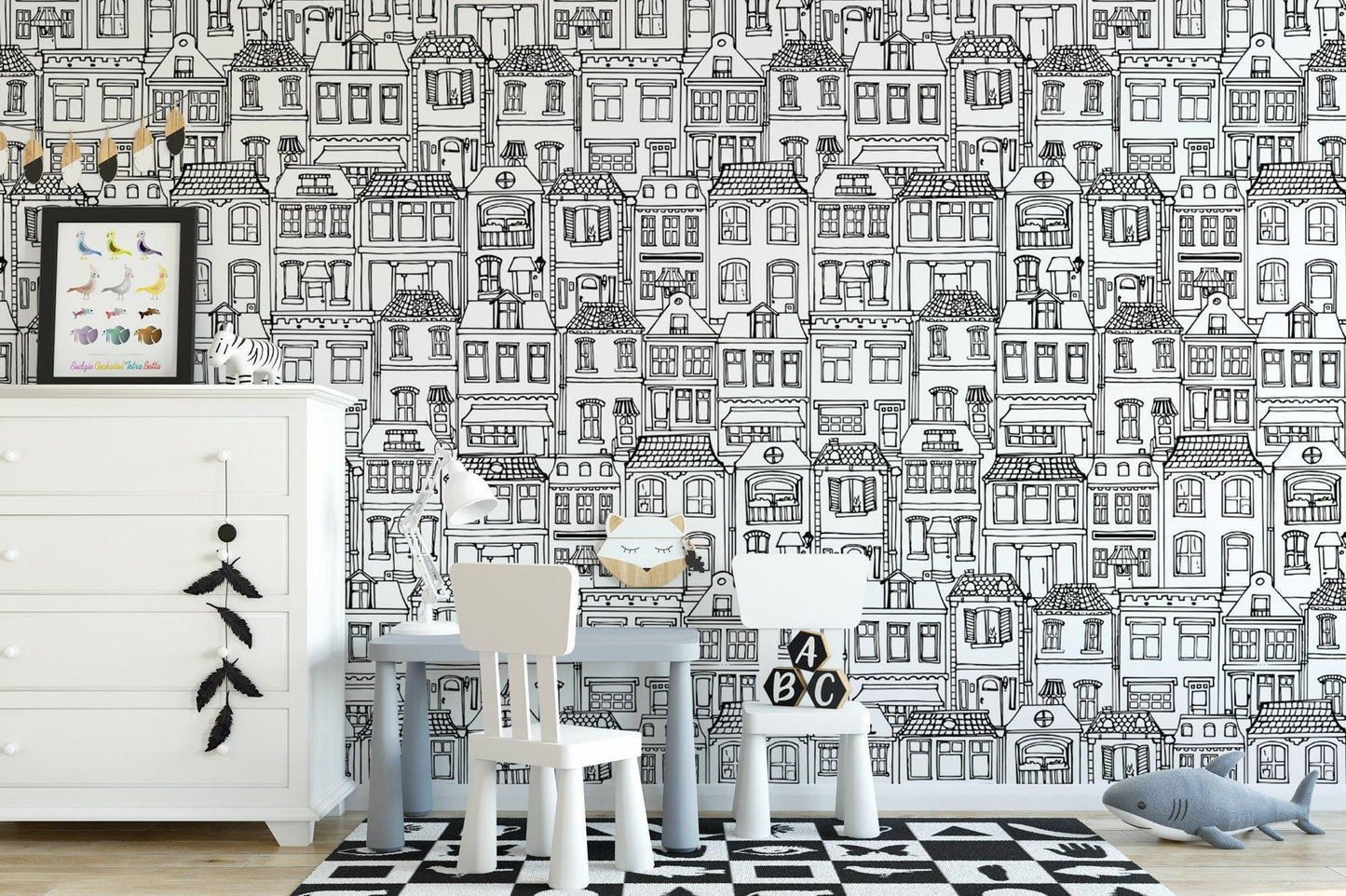 Modern Black and White House Sketches Wallpaper MW1472