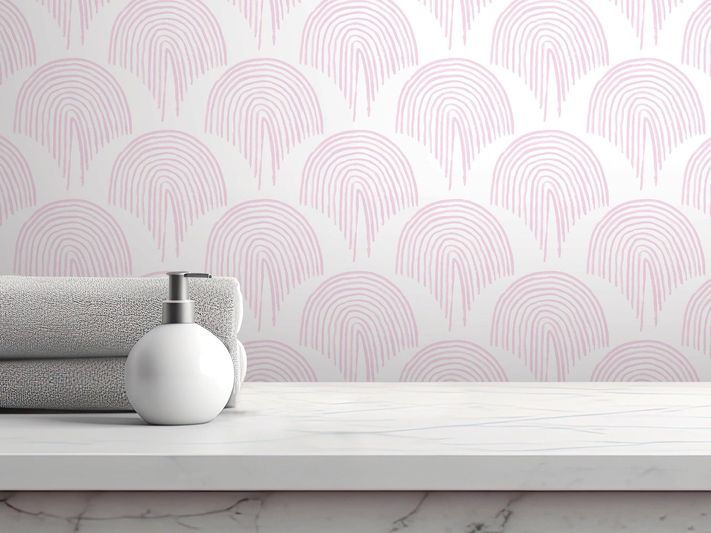 Pink Boho Floating Rainbow Removable Wallpaper, Wall Art, Peel and Stick Wallpaper, Wall Decor, Girls Room, Nursery Decor, Bathroom, MW2109