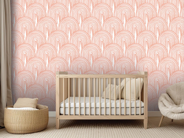 Orange Boho Watercolor Rainbow Removable Wallpaper, Wall Art, Peel and Stick Wallpaper, Wall Decor, Nursery, Kids Room, Kitchen, MW2121