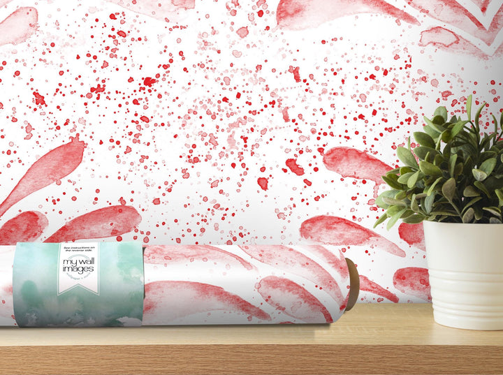 Red Splashy Watercolor Fleur Removable Wallpaper, Wall Art, Peel and Stick Wallpaper, Wall Decor, Accent, Nursery, Teen, Kids Room, MW2103