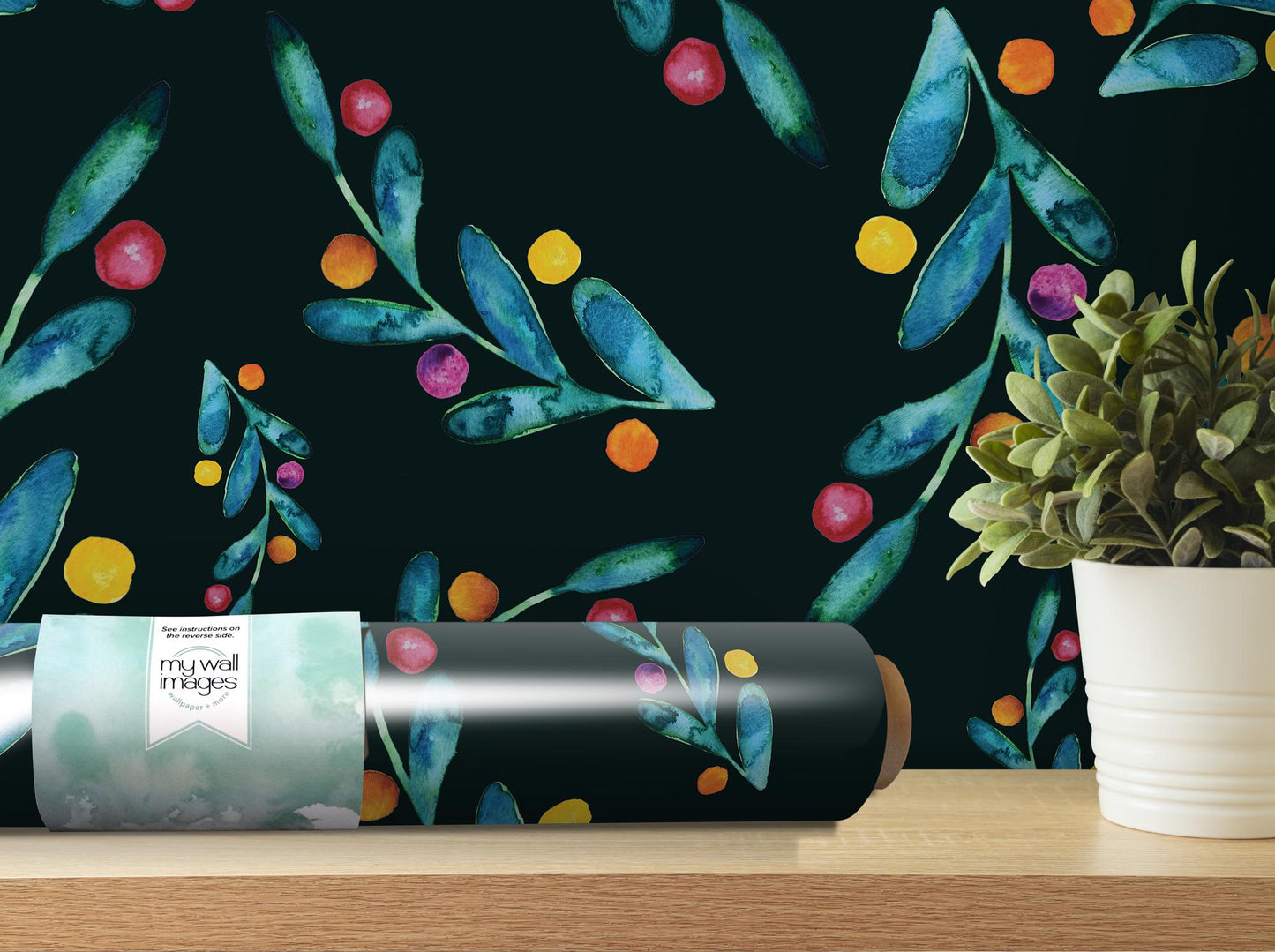 Colorful Dancing Leaves Berries on Black Removable Wallpaper, Wall Art, Peel and Stick Wallpaper, Wall Decor, Accent Wall, Modern Art MW2001