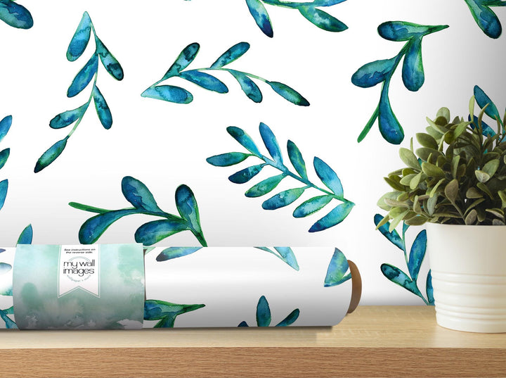Floating Blue Green Watercolor Leaves Removable Wallpaper, Wall Art, Peel and Stick Wallpaper, Wall Decor, Accent Wall, Teen Room, MW2017