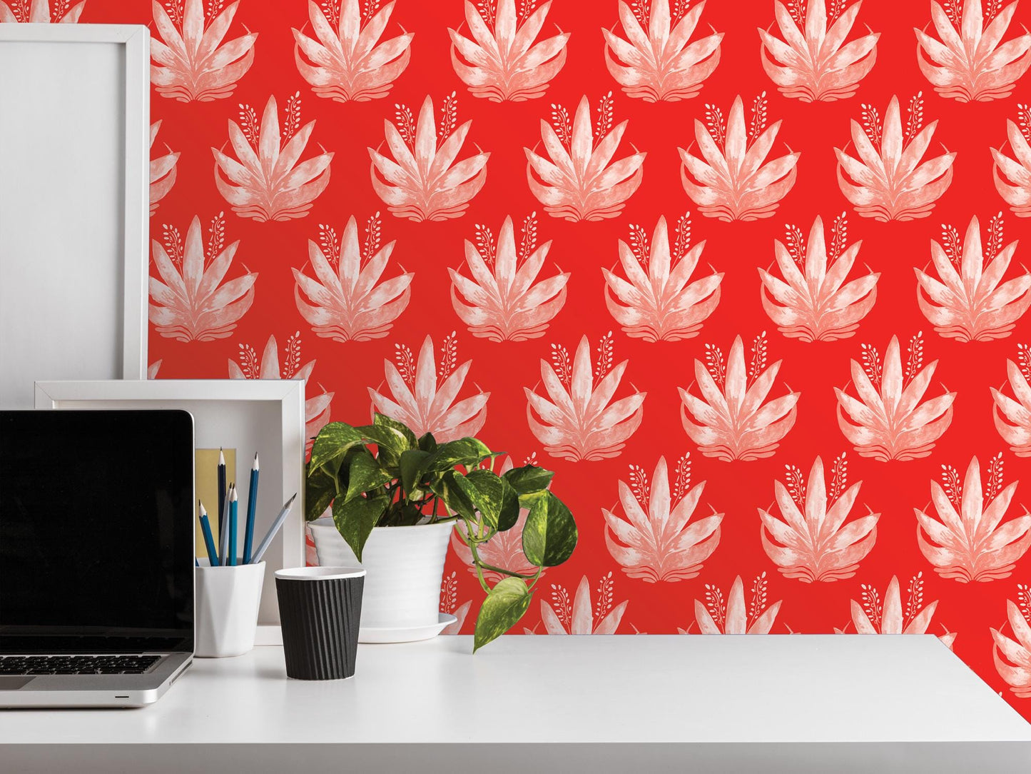 Watercolor Fleur Motif Bright Red Removable Wallpaper, Wall Art, Peel and Stick Wallpaper, Wall Decor, Accent Wall, Teen Room, Trendy MW1988