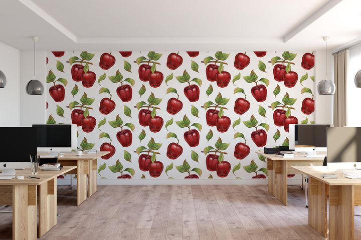 a room with a wallpaper with apples on it