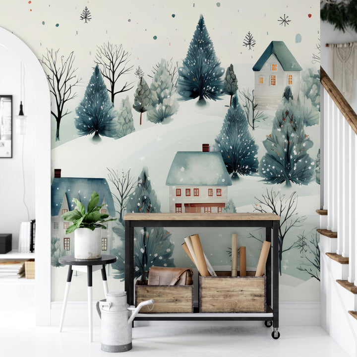 a room with a wall paper with a winter scene on it