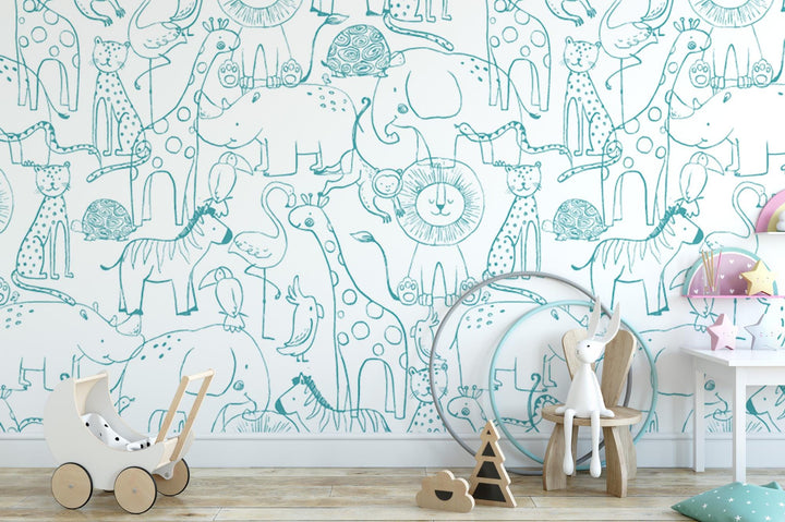 a child&#39;s room with toys and a wallpaper