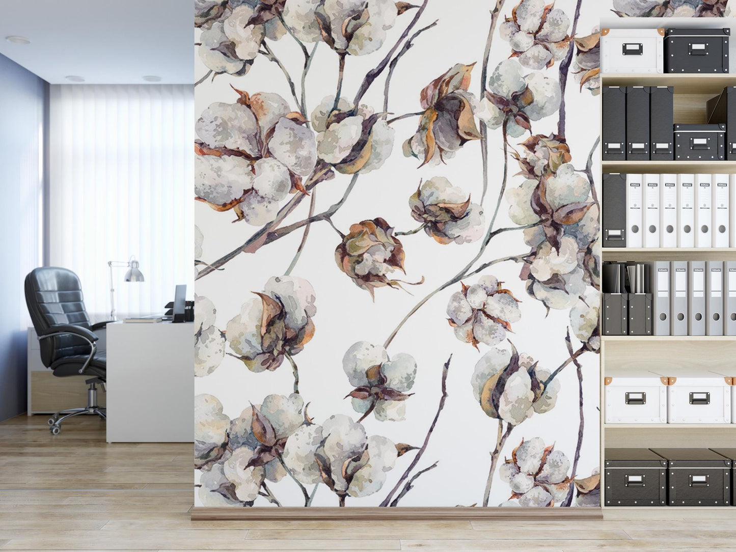 a room with a bookcase and a wall with a flower pattern