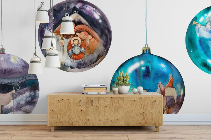 Watercolor Christmas Nativity Balls Mural Wallpaper MW1934