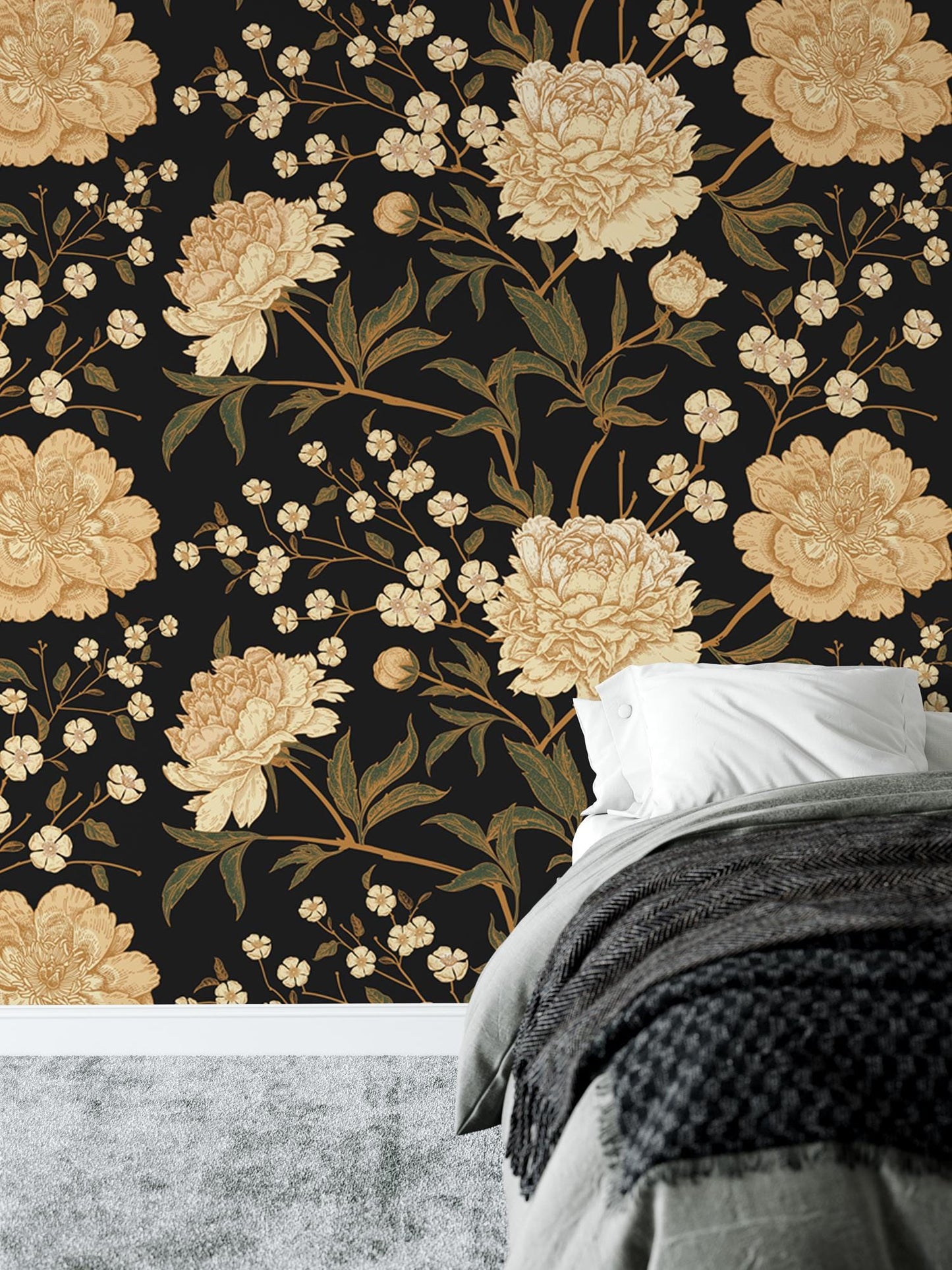a bedroom with a floral wallpaper and a bed