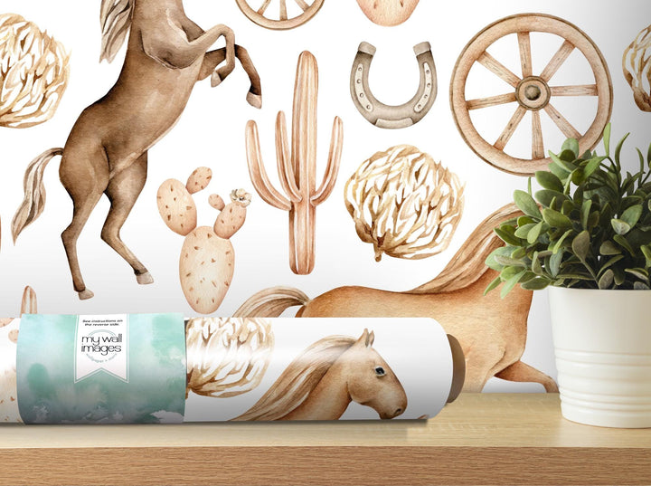 a painting of a horse, cactus, cacti, and a barrel of