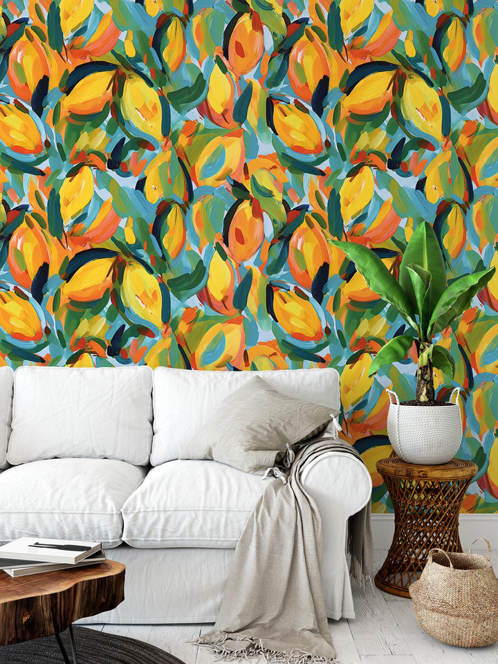 a living room with a white couch and a painting on the wall