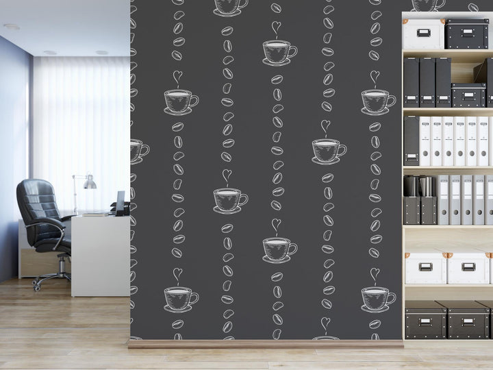 a black and white wallpaper with coffee cups on it