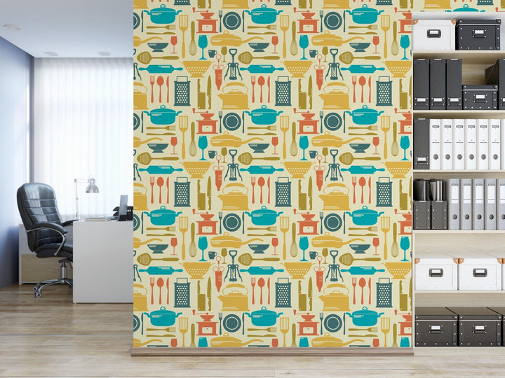 a room with a book shelf and a wall with a pattern on it