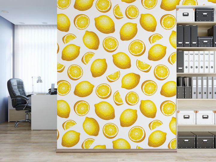 a wall mural of lemons on a wall in an office