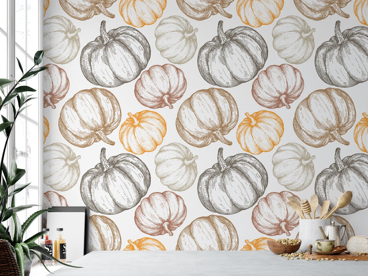 a wall with a pattern of pumpkins on it