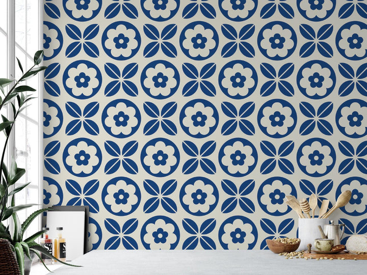 Navy Blue Folk Art Scandinavian Wallpaper MW1438