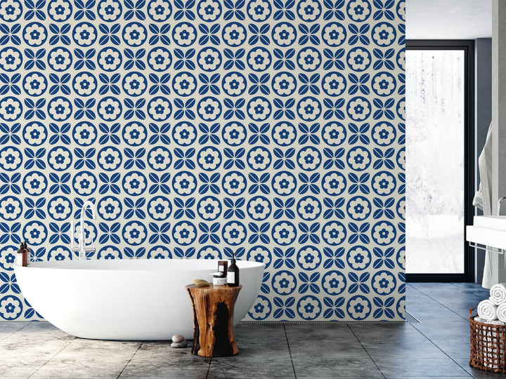 Navy Blue Folk Art Scandinavian Wallpaper MW1438