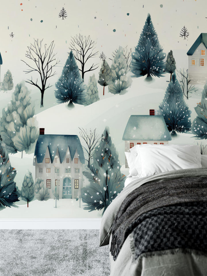 a bedroom scene with a bed and a wall mural